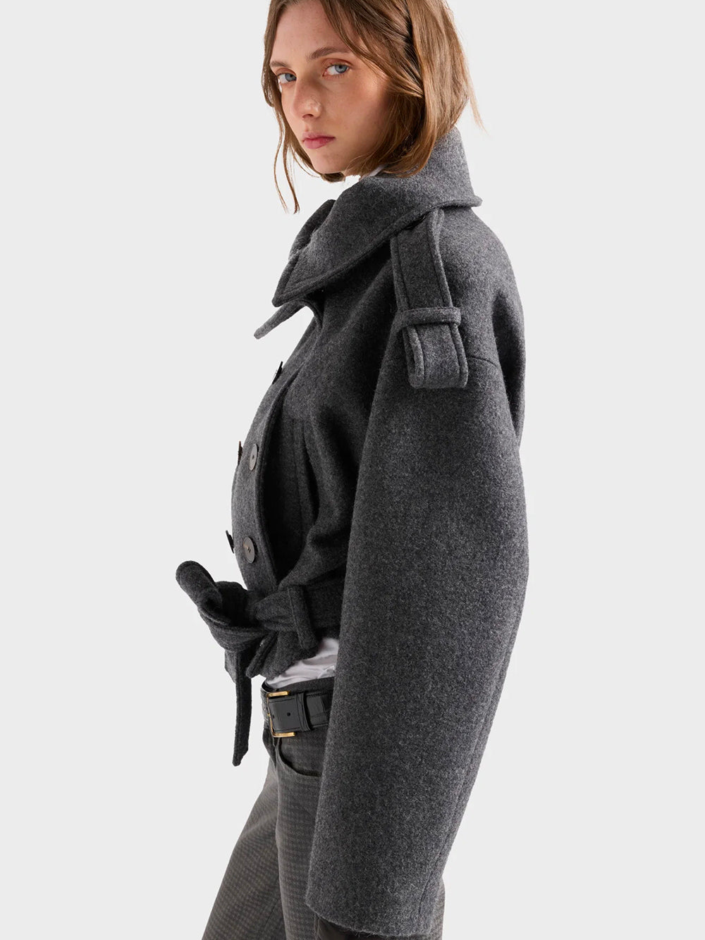 7 FOR ALL MANKIND-DOUBLE BREASTED HIGH NECK SHORTCOAT-7NEE0H57 U73VW GUNMETAL