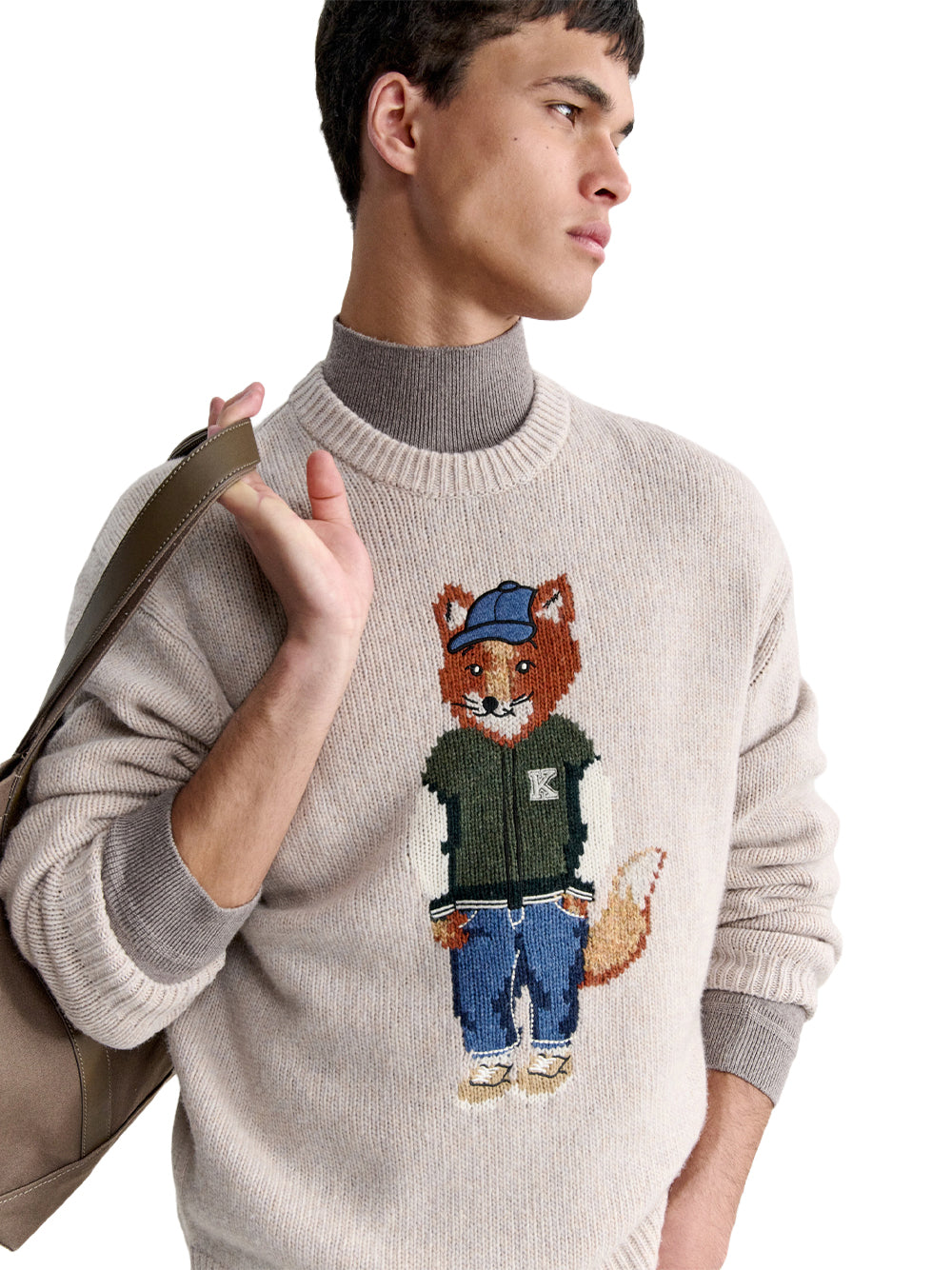 MAISON KITSUNÉ-DRESSED FOX INTARSIA WOOL JUMPER-MRMKJ02KT1241 0548 MOON BEIGE