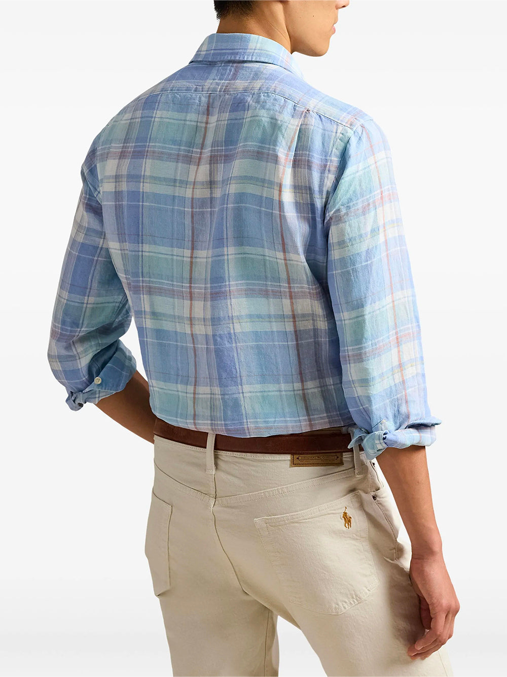 POLO RALPH LAUREN-CLASSIC FIT PLAID SLUB LINEN SHIRT-710B14315001 7105A BLUE ORANGE MULTI
