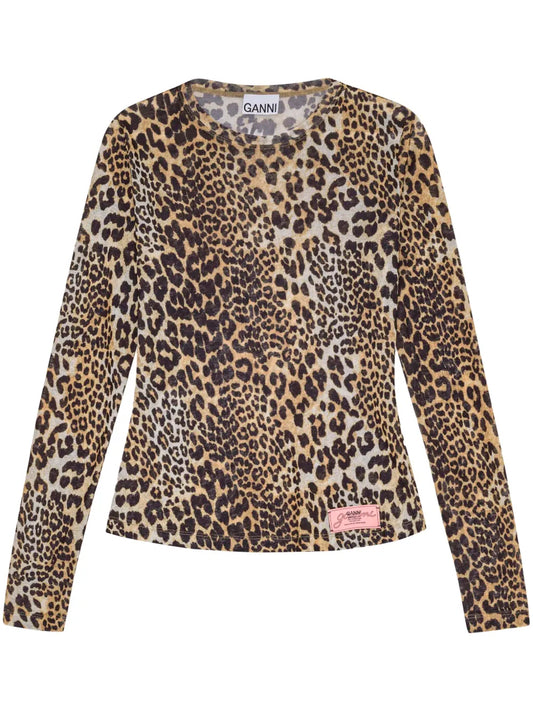 GANNI-PRINTED MARL MESH LONG SLEEVE TOP-T4208 943 LEOPARD