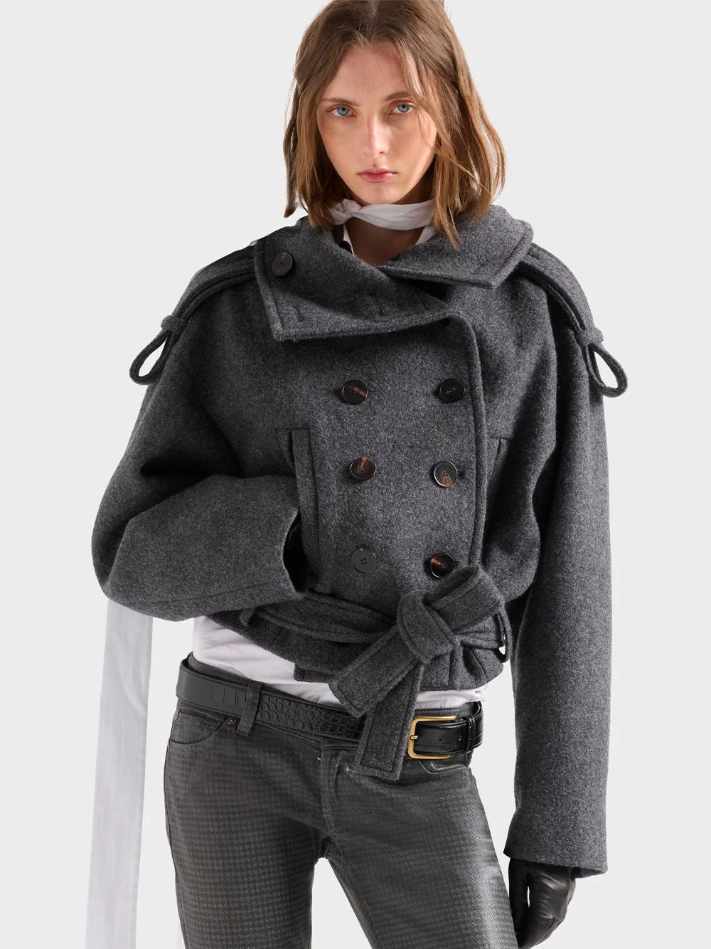 7 FOR ALL MANKIND-DOUBLE BREASTED HIGH NECK SHORTCOAT-7NEE0H57 U73VW GUNMETAL