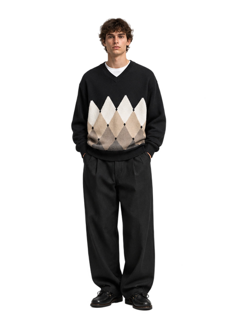 BALLANTYNE-V NECK PULLOVER 100% WS CLASSIC DIAMOND-B2P001 7K0A8 95518 BLACK/TORTORA/DARK BEIGE/LIGHT