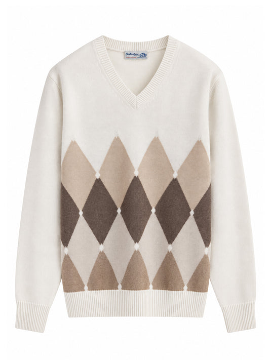 BALLANTYNE-V NECK PULLOVER 100% WS CLASSIC DIAMOND-B2P001 7K0A8 98033 WHITE BUTTER/LIGHT BEIGE/DUST