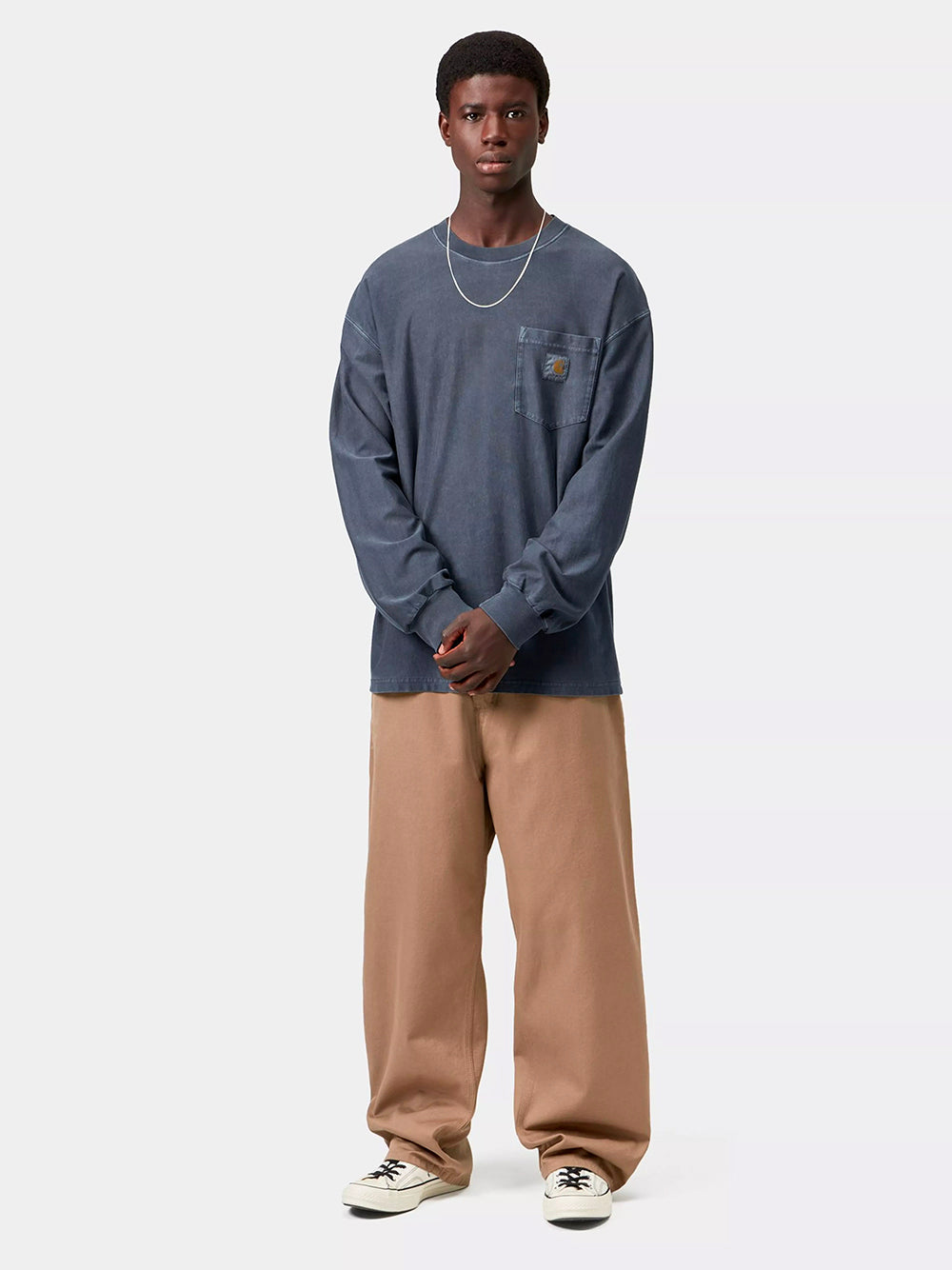 CARHARTT WIP-L/S LOOSE PCKET T-SHIRT-I036862 1CGD DARK NAVY GARMENT DYED