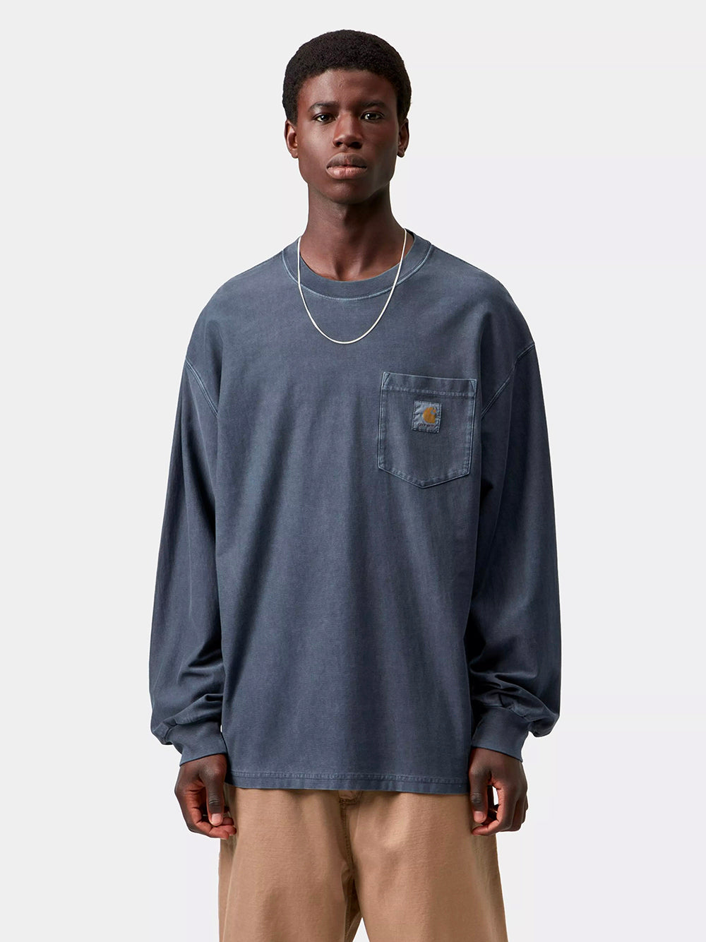 CARHARTT WIP-L/S LOOSE PCKET T-SHIRT-I036862 1CGD DARK NAVY GARMENT DYED