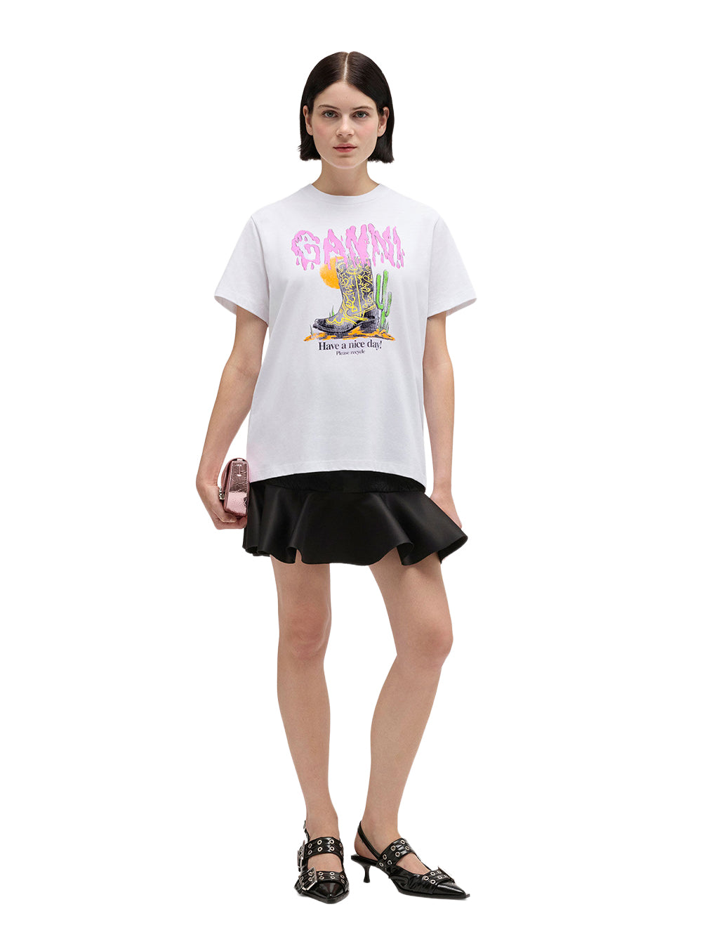 GANNI-BASIC COTTON JERSEY T-SHIRT BOOTS PRINT-A1050075 BRIGHT WHITE 151