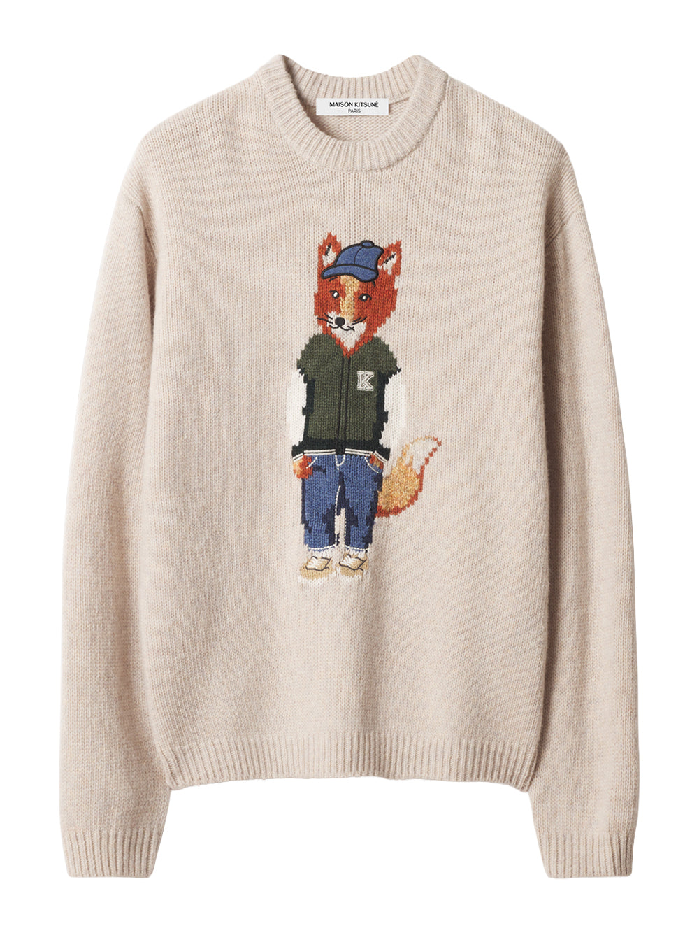 MAISON KITSUNÉ-DRESSED FOX INTARSIA WOOL JUMPER-MRMKJ02KT1241 0548 MOON BEIGE