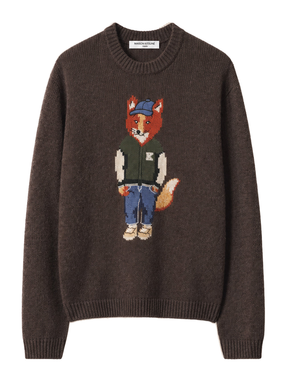 MAISON KITSUNÉ-DRESSED FOX INTARSIA WOOL JUMPER-MRMKJ02KT1241 0553 DARK WOOD