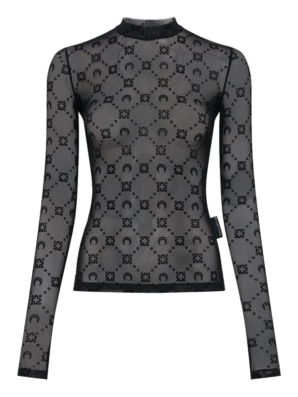 MOONOGRAM MESH FLOCK LS HIGHNECK TOP