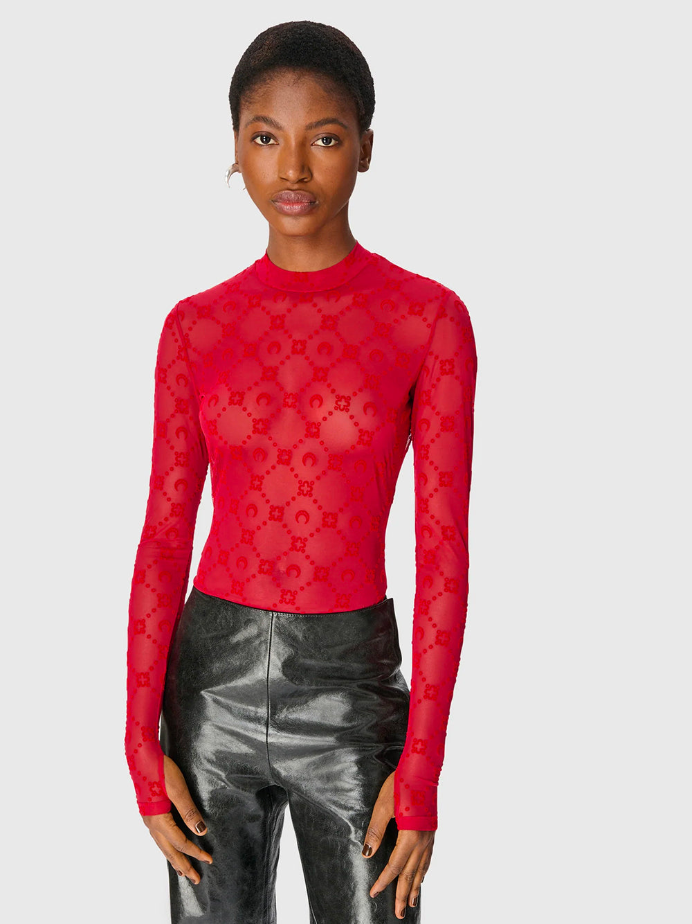 MARINE SERRE-MOONOGRAM MESH FLOCK LS HIGHNECK TOP-WTO388ACJER0005 RD11 RIBBON RED