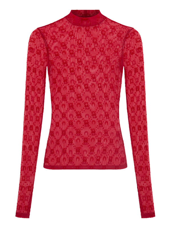 MOONOGRAM MESH FLOCK LS HIGHNECK TOP