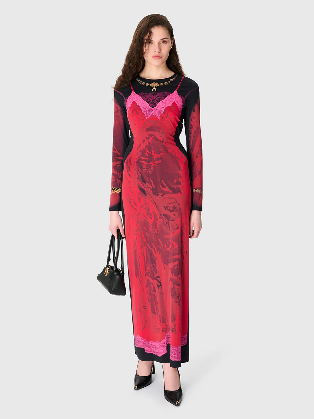 MARINE SERRE-WET NUISETTE PRINTED JERSEY LS LONG DRESS-WDR300BCJER0085 RD11 RIBBON RED