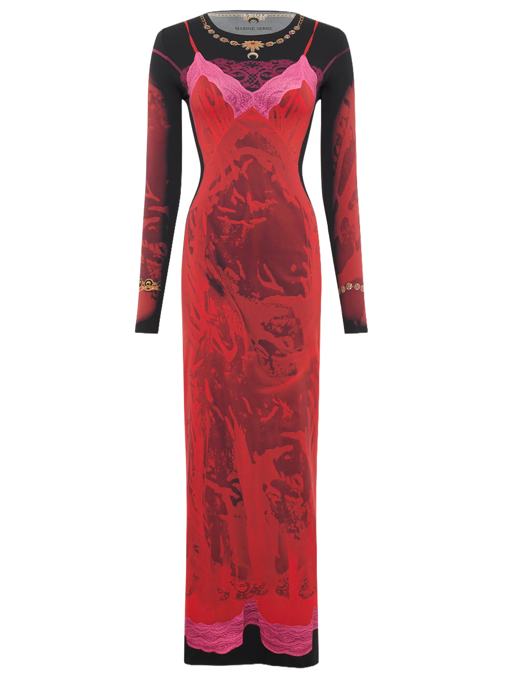 MARINE SERRE-WET NUISETTE PRINTED JERSEY LS LONG DRESS-WDR300BCJER0085 RD11 RIBBON RED