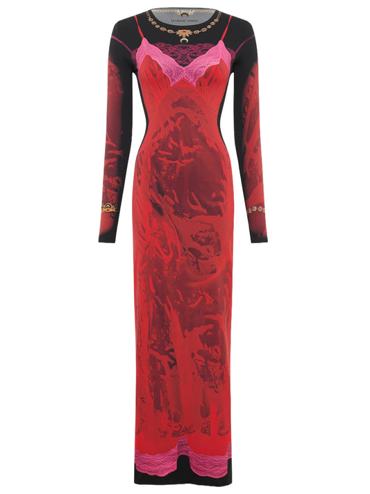 MARINE SERRE-WET NUISETTE PRINTED JERSEY LS LONG DRESS-WDR300BCJER0085 RD11 RIBBON RED