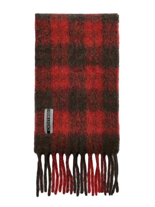 OUR LEGACY-ESTATE SCARF-A4268EBR BURNT RED PLAID FUZZY ALPACA