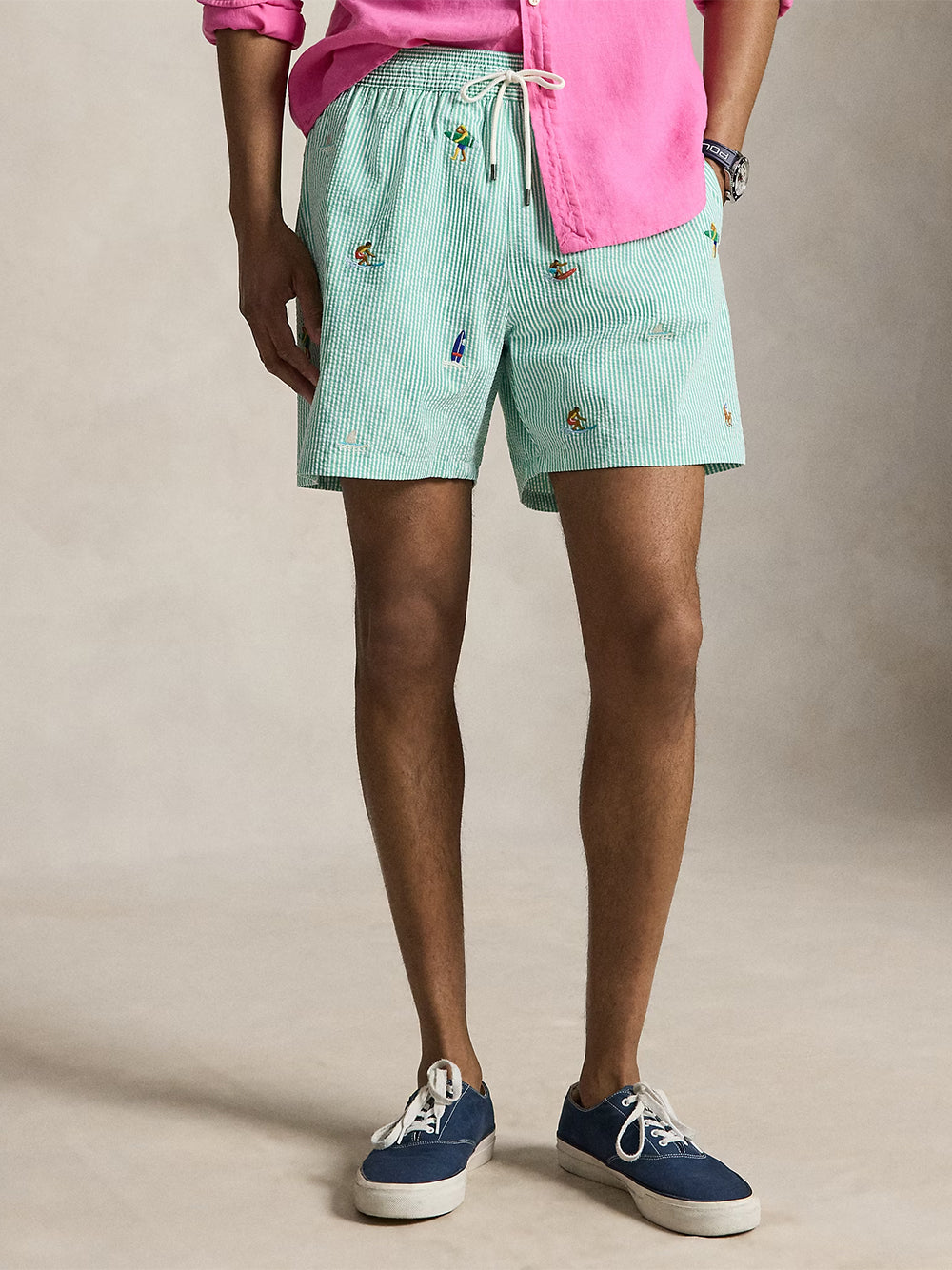 POLO RALPH LAUREN-5.75-INCH TRAVELER CLASSIC SWIM TRUNK-710B14034001 KEY WST GREEN STRIPE AOE