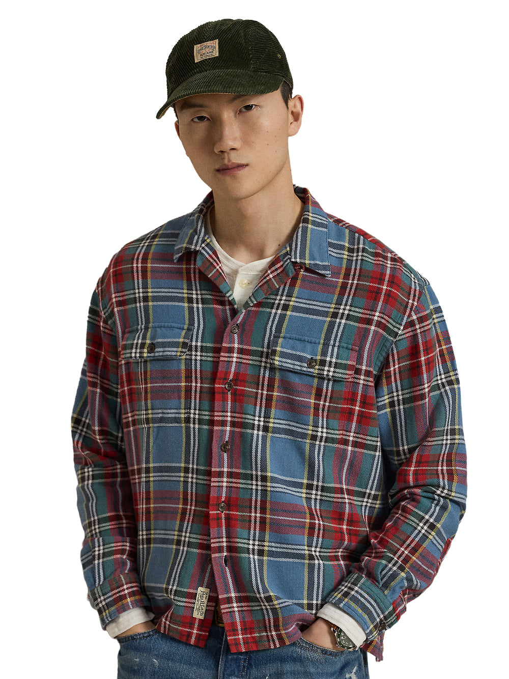 POLO RALPH LAUREN-CLASSIC FIT PLAID FLANNEL CAMP SHIRT-710B24184001 7387 BLUE RED MULTI