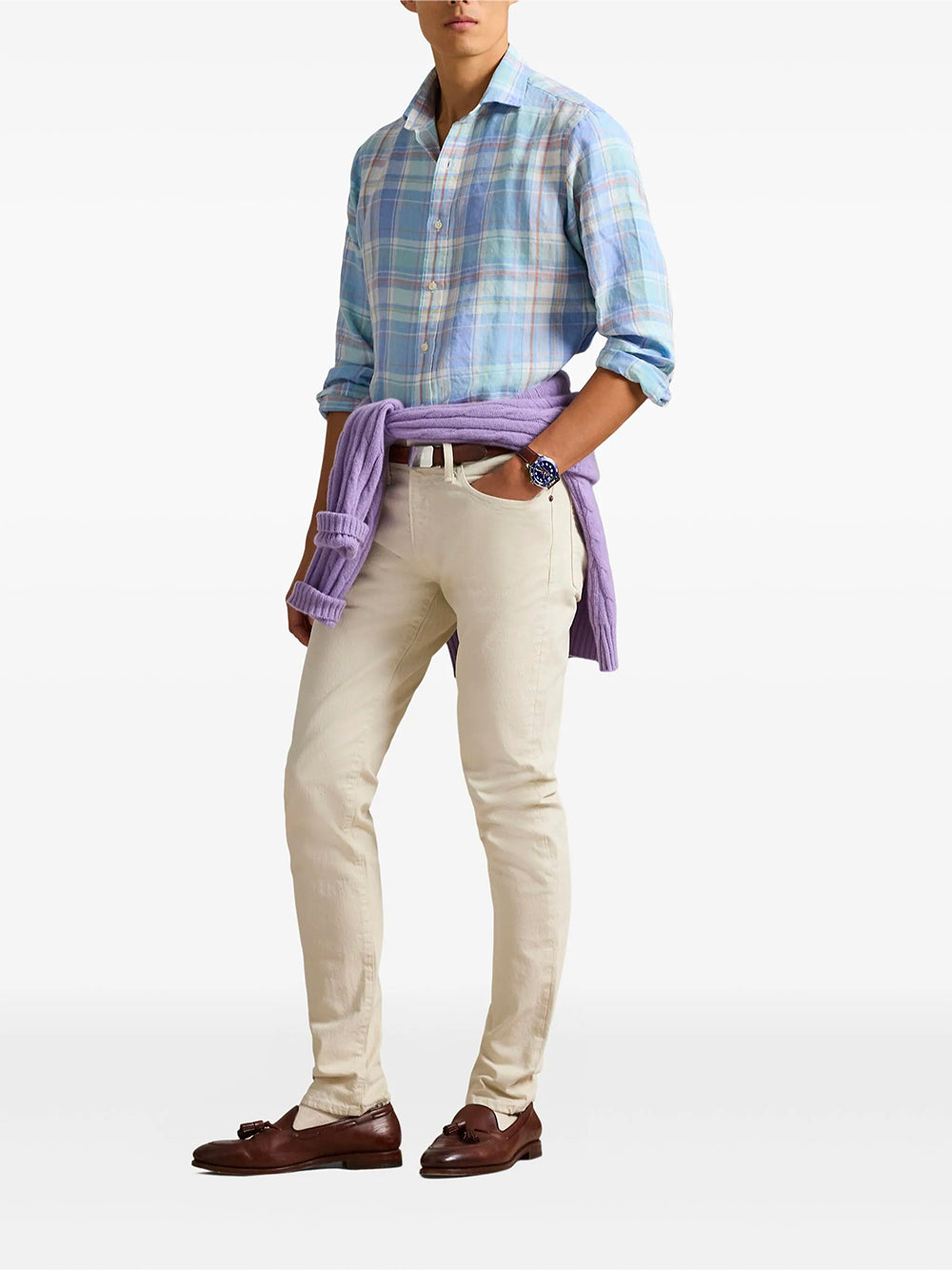 POLO RALPH LAUREN-CLASSIC FIT PLAID SLUB LINEN SHIRT-710B14315001 7105A BLUE ORANGE MULTI