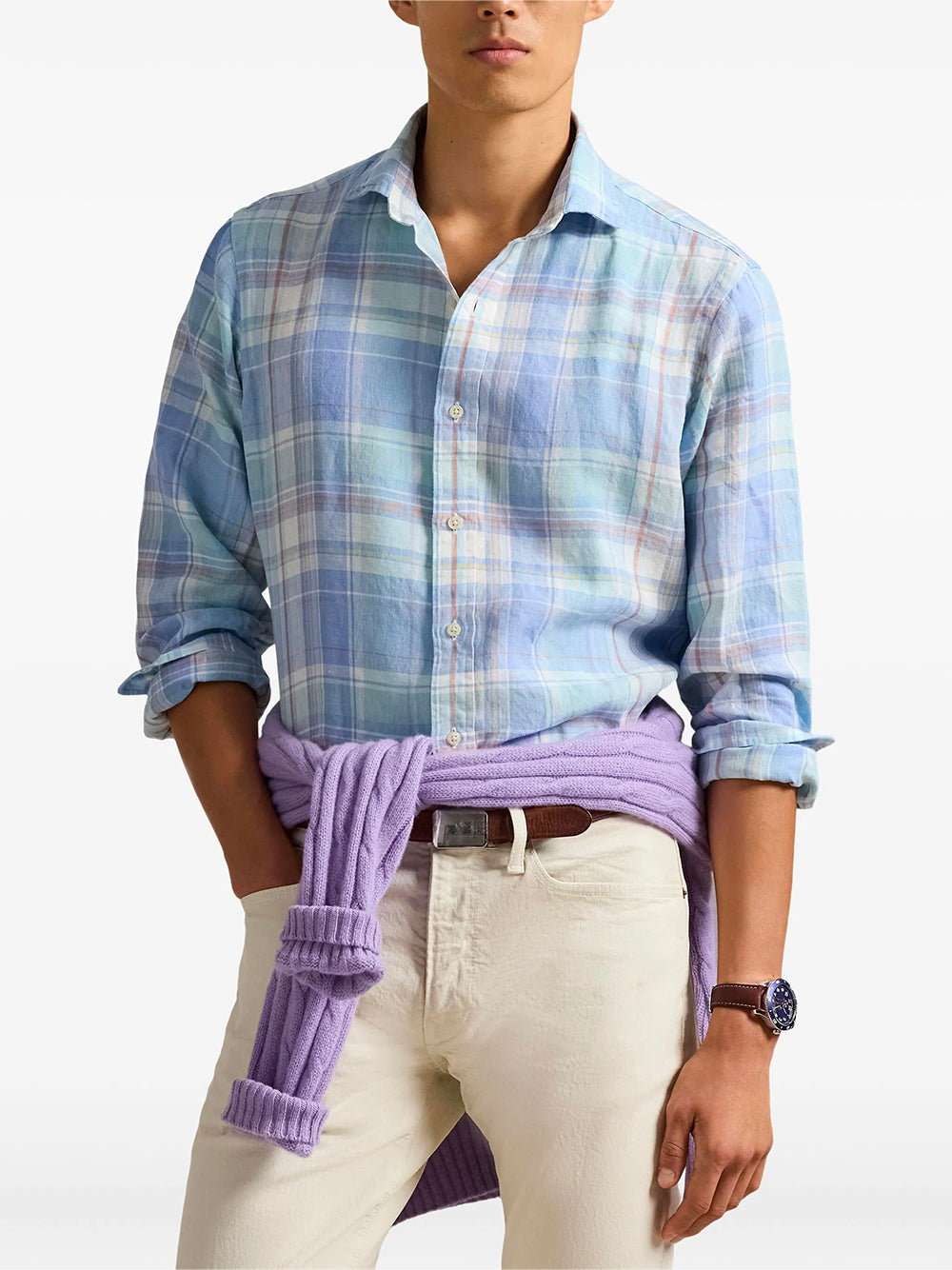 POLO RALPH LAUREN-CLASSIC FIT PLAID SLUB LINEN SHIRT-710B14315001 7105A BLUE ORANGE MULTI