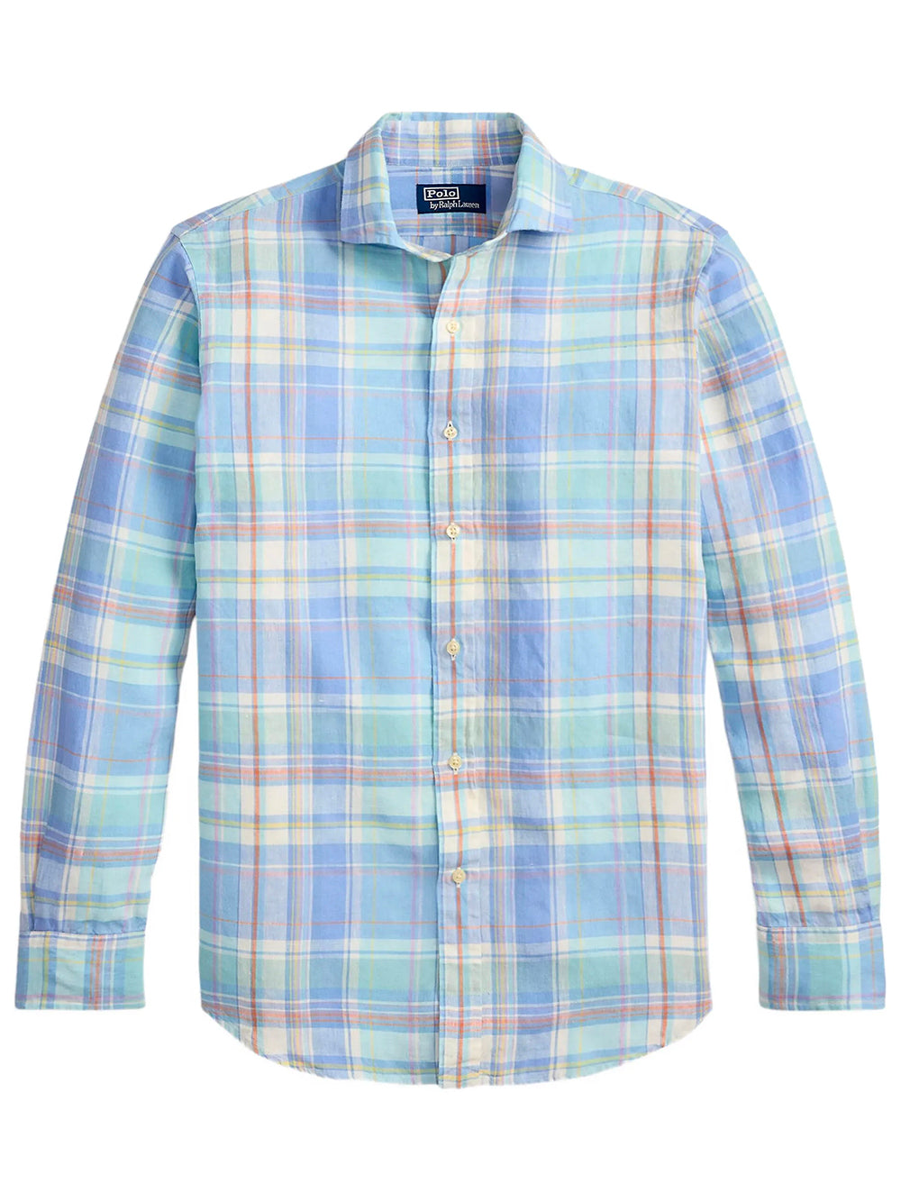 POLO RALPH LAUREN-CLASSIC FIT PLAID SLUB LINEN SHIRT-710B14315001 7105A BLUE ORANGE MULTI
