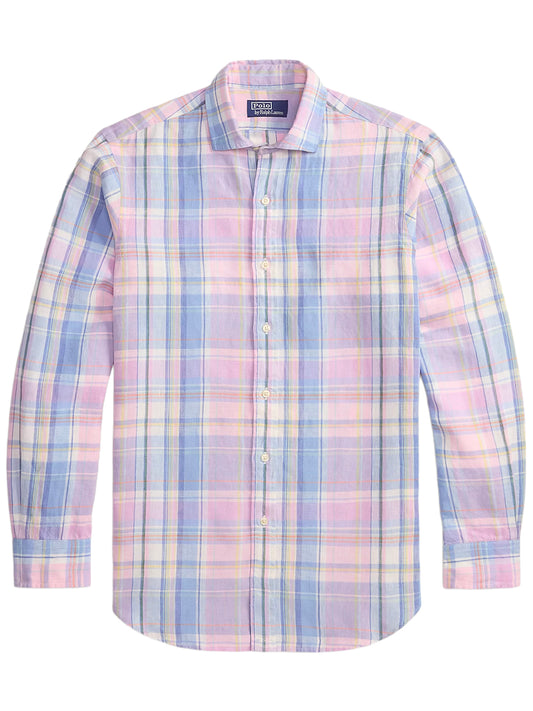POLO RALPH LAUREN-CLASSIC FIT PLAID SLUB LINEN SHIRT-710B14315001 7105A BLUE ORANGE MULTI