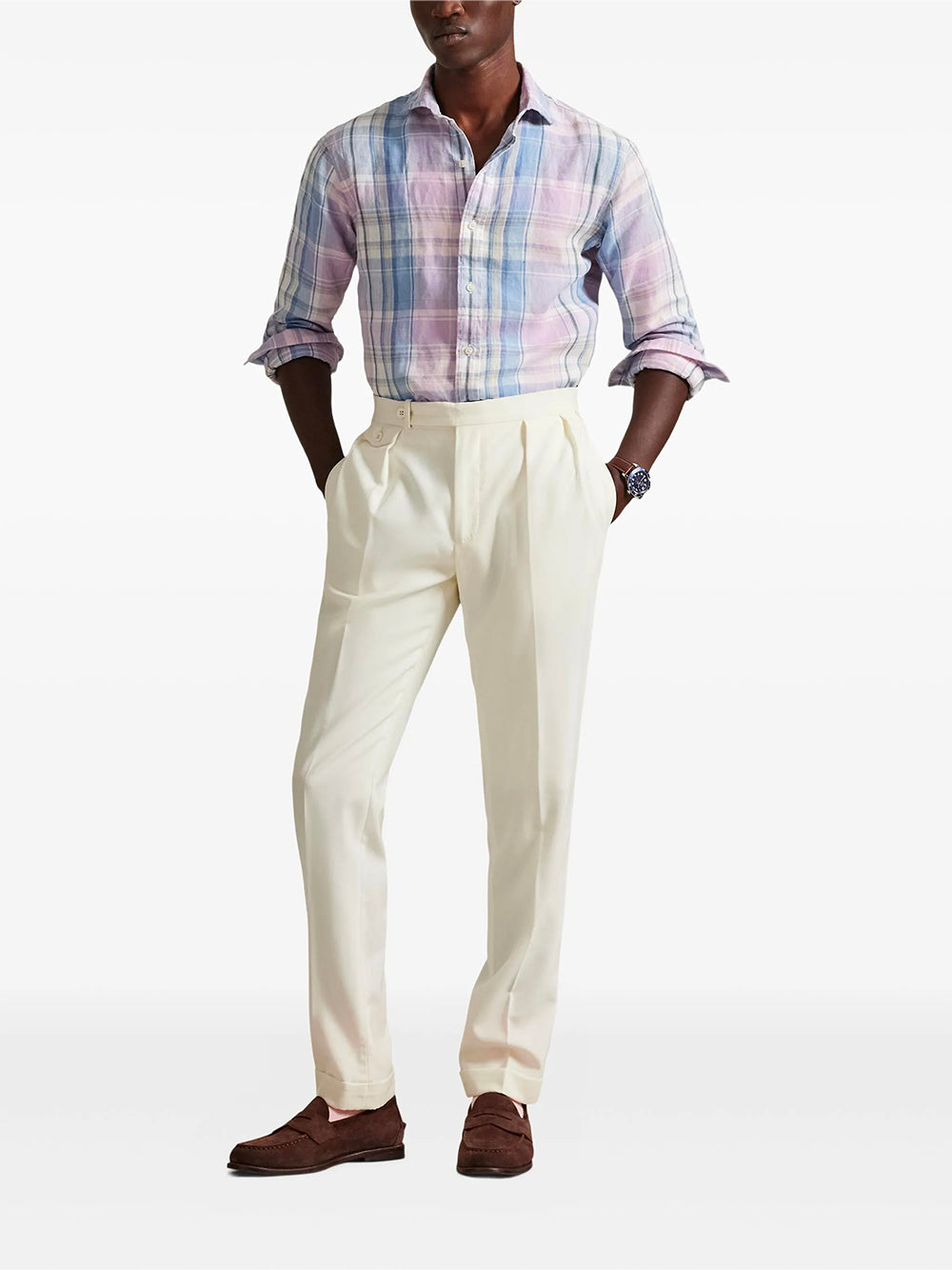 POLO RALPH LAUREN-CLASSIC FIT PLAID SLUB LINEN SHIRT-710B14315002 7105B PINK BLUE MULTI