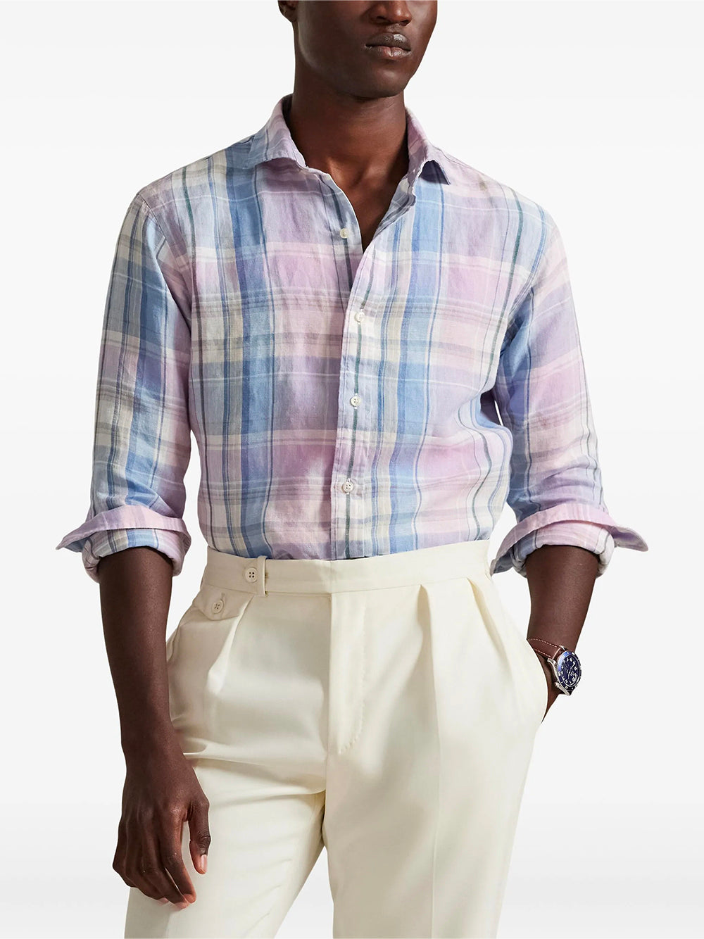 POLO RALPH LAUREN-CLASSIC FIT PLAID SLUB LINEN SHIRT-710B14315002 7105B PINK BLUE MULTI