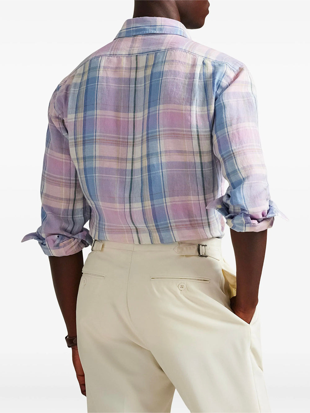 POLO RALPH LAUREN-CLASSIC FIT PLAID SLUB LINEN SHIRT-710B14315002 7105B PINK BLUE MULTI