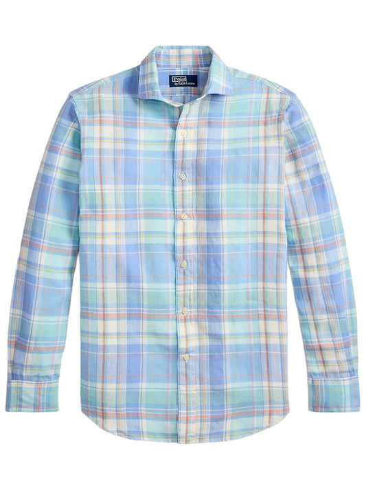 POLO RALPH LAUREN-CLASSIC FIT PLAID SLUB LINEN SHIRT-710B14315002 7105B PINK BLUE MULTI