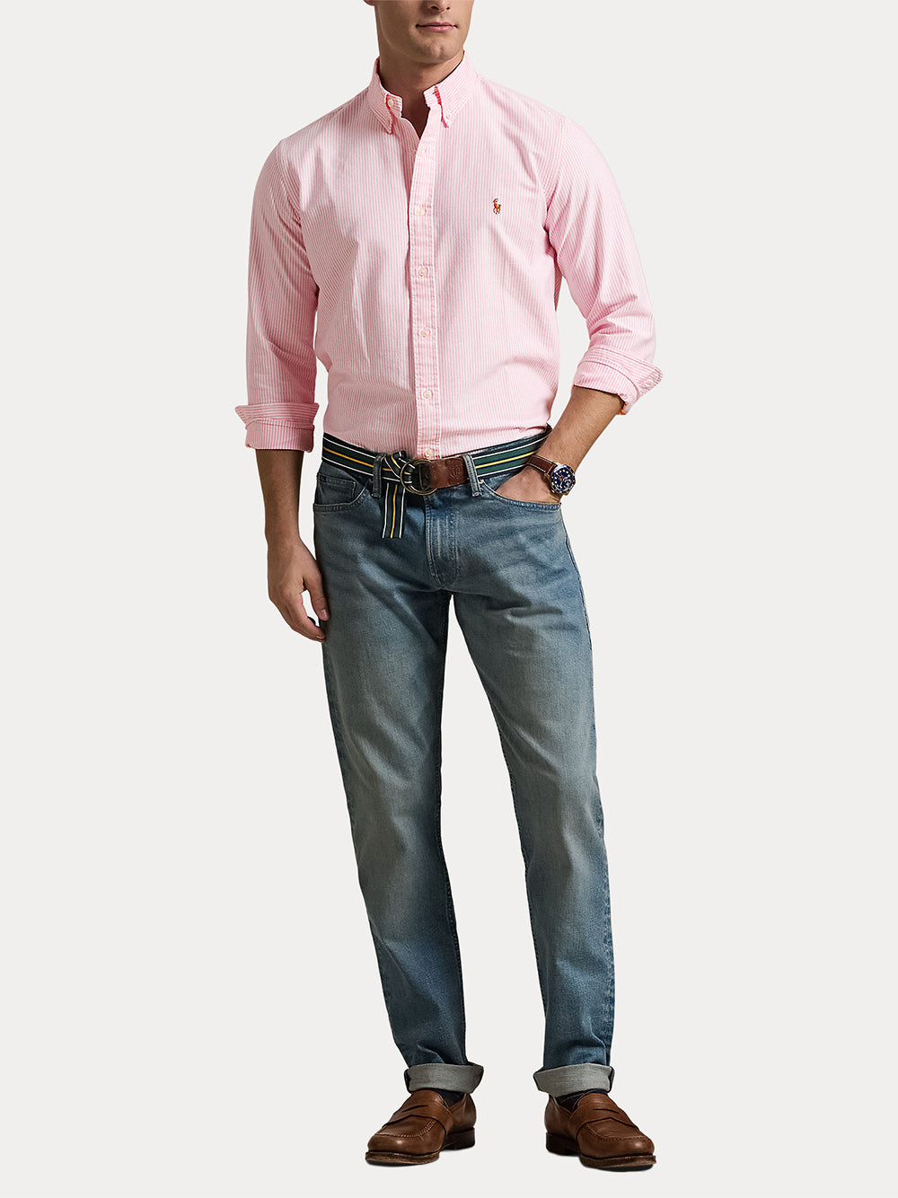 POLO RALPH LAUREN-CUSTOM FIT STRIPED OXFORD SHIRT-710953704001 NEW ROSE/WHITE