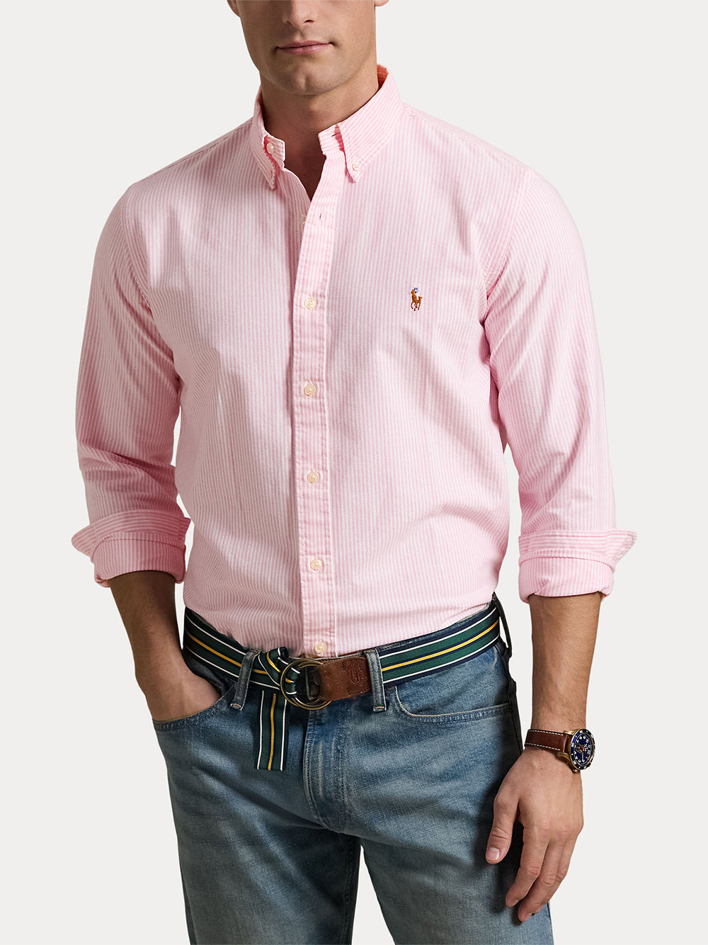POLO RALPH LAUREN-CUSTOM FIT STRIPED OXFORD SHIRT-710953704001 NEW ROSE/WHITE