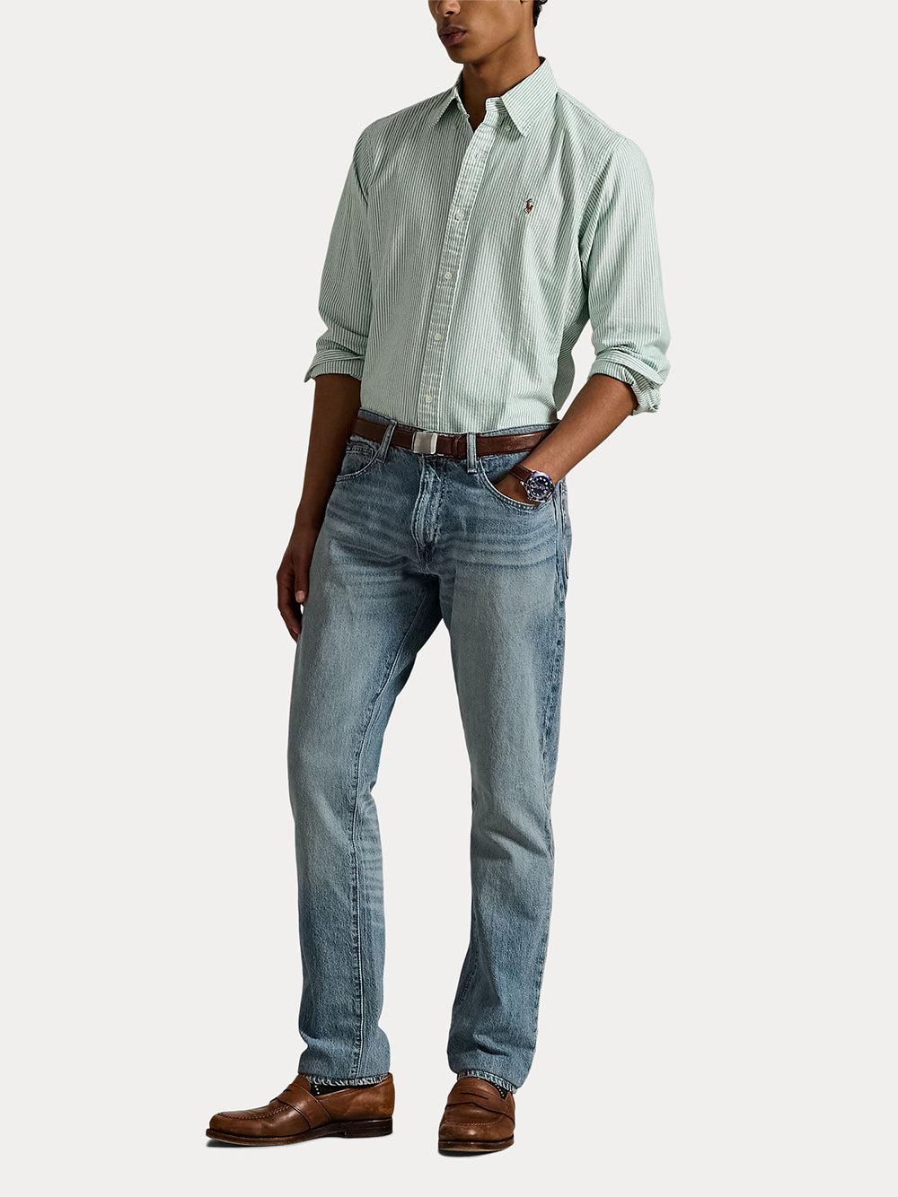 POLO RALPH LAUREN-CUSTOM FIT STRIPED OXFORD SHIRT-710953704010 6636L HILLSIDE GREEN/WHITE