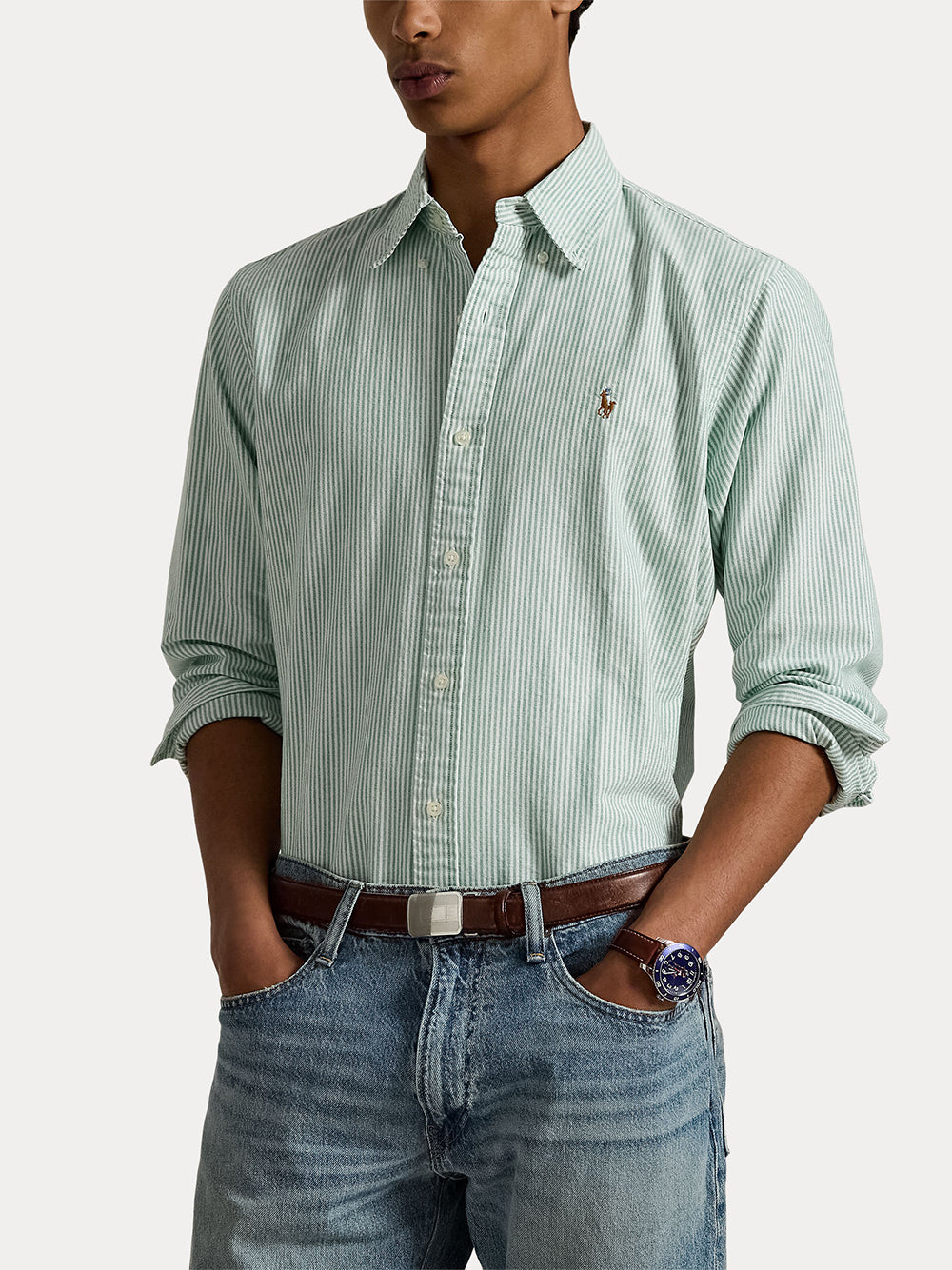 POLO RALPH LAUREN-CUSTOM FIT STRIPED OXFORD SHIRT-710953704010 6636L HILLSIDE GREEN/WHITE