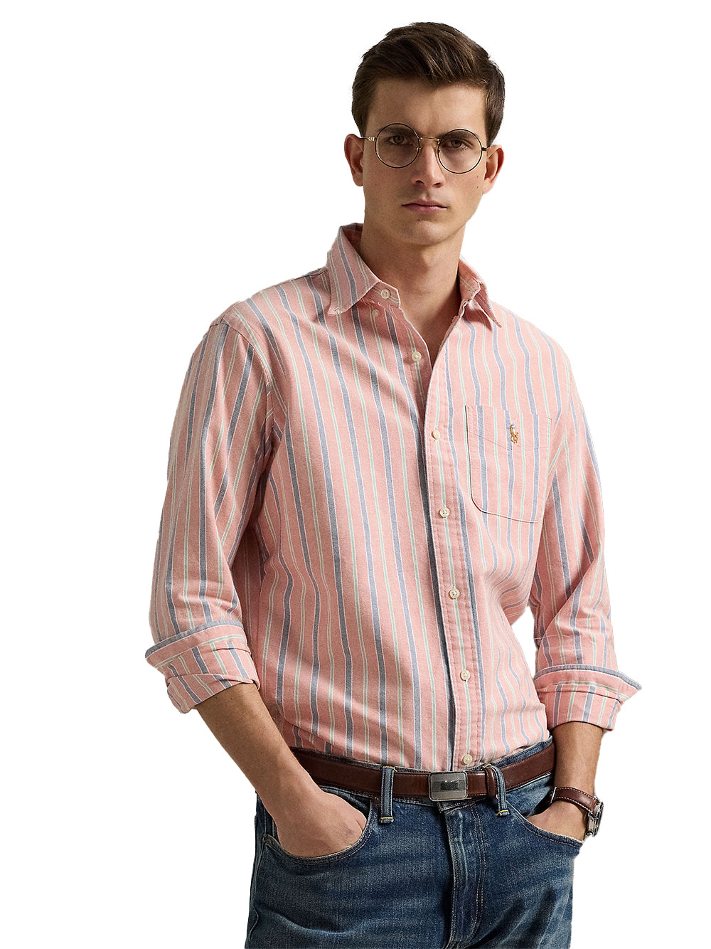 POLO RALPH LAUREN-CUSTOM FIT STRIPED OXFORD SHIRT-710P00630004 6882C ORANGE ROYAL MULTI