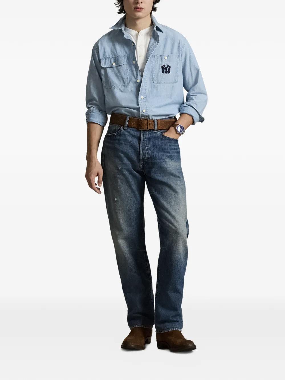 POLO RALPH LAUREN-NY YANKEES WOVEN SPORT SHIRT-710B14465001 7234 LT INDIGO