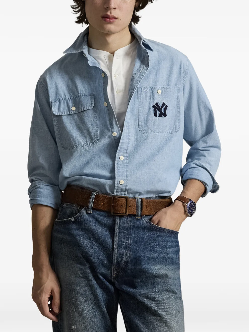 POLO RALPH LAUREN-NY YANKEES WOVEN SPORT SHIRT-710B14465001 7234 LT INDIGO