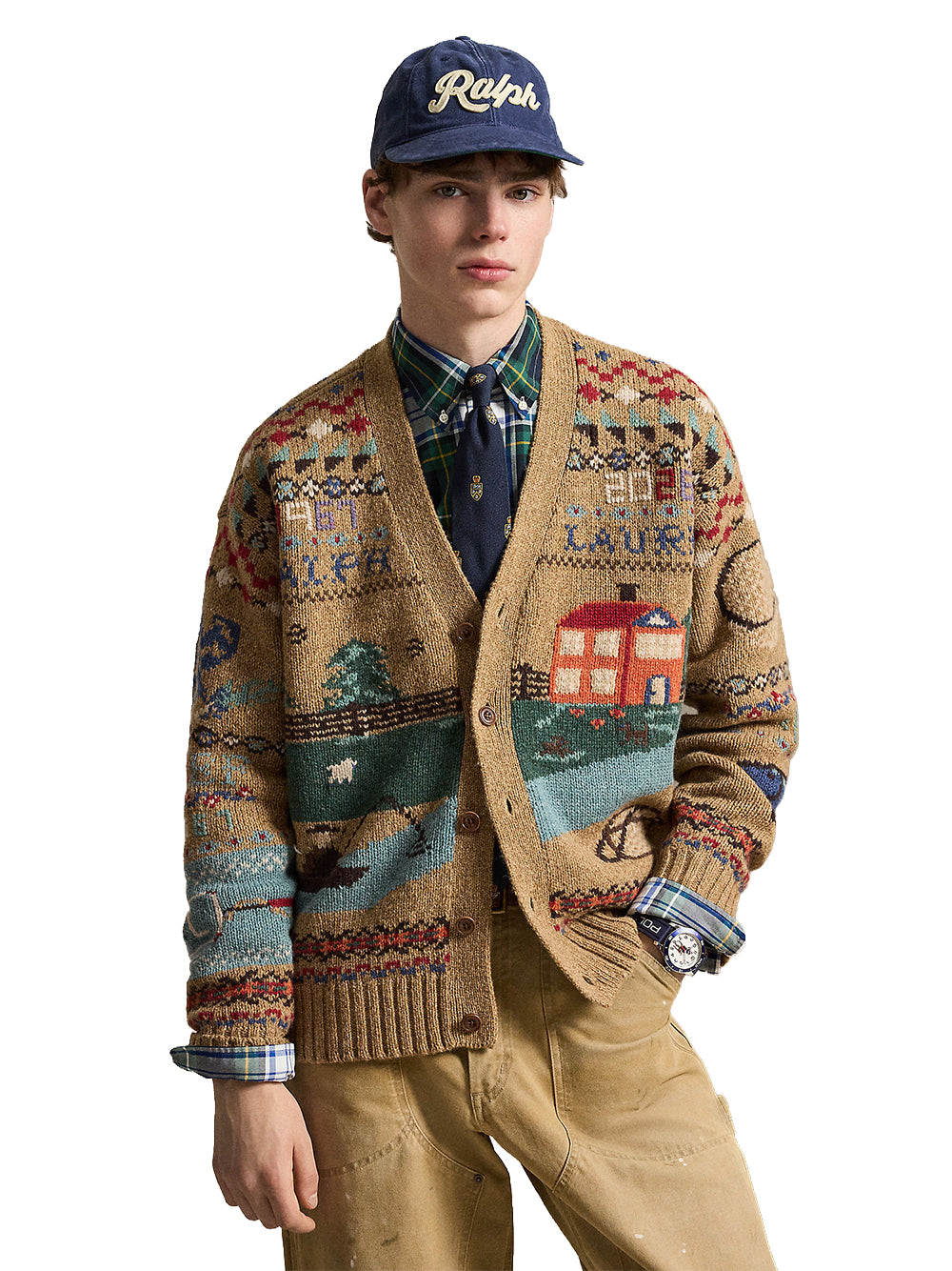 POLO RALPH LAUREN-RELAXED FIT SCENIC WOOL CARDIGAN-710B23902001 TAN MULTI