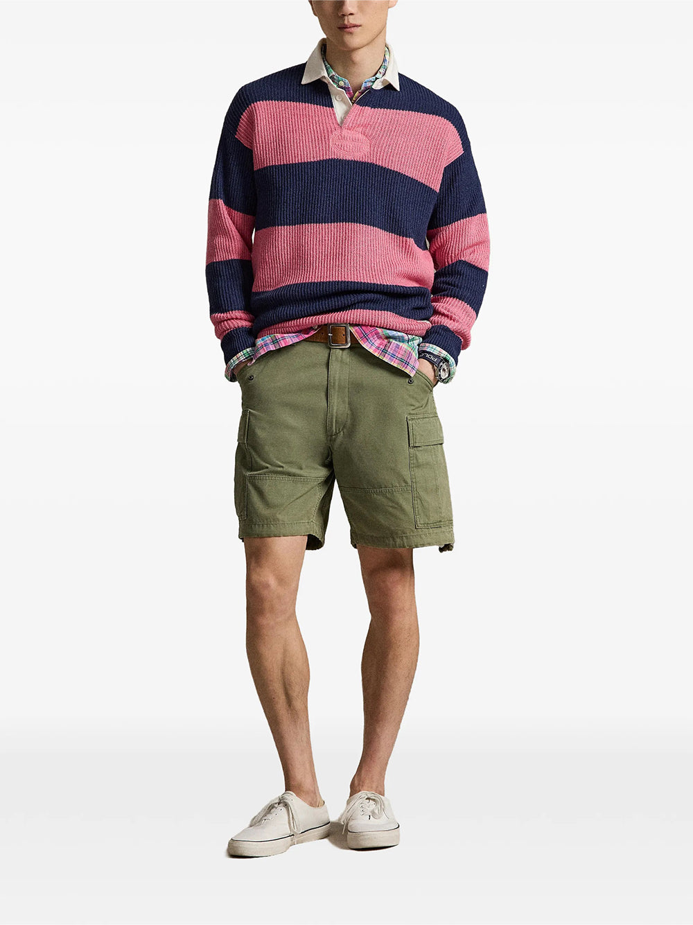 POLO RALPH LAUREN-STRIPED LINEN-COTTON RUGBY SWEATER-710A12810001 NAVY PINK COMBO