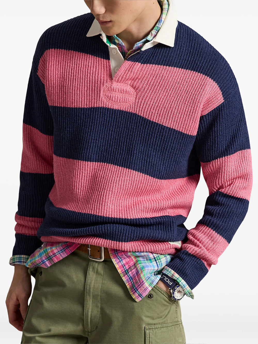 POLO RALPH LAUREN-STRIPED LINEN-COTTON RUGBY SWEATER-710A12810001 NAVY PINK COMBO