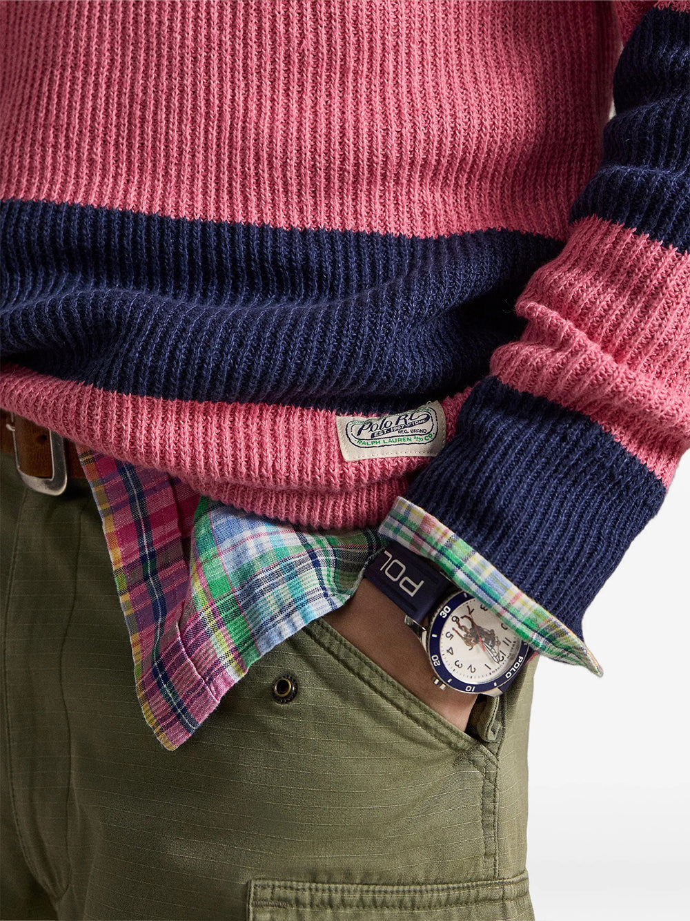 POLO RALPH LAUREN-STRIPED LINEN-COTTON RUGBY SWEATER-710A12810001 NAVY PINK COMBO