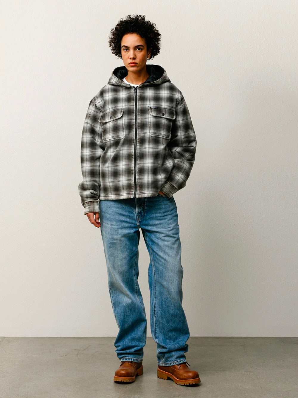 STUSSY-ZIP HOODED PLAID SHIRT-1110381 0002 CHARCOAL