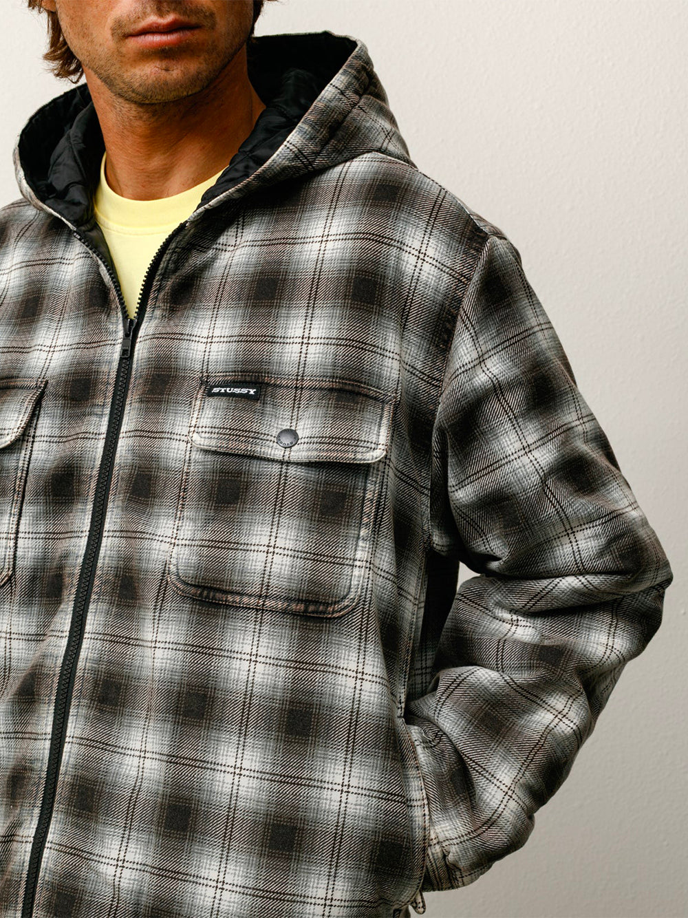 STUSSY-ZIP HOODED PLAID SHIRT-1110381 0002 CHARCOAL