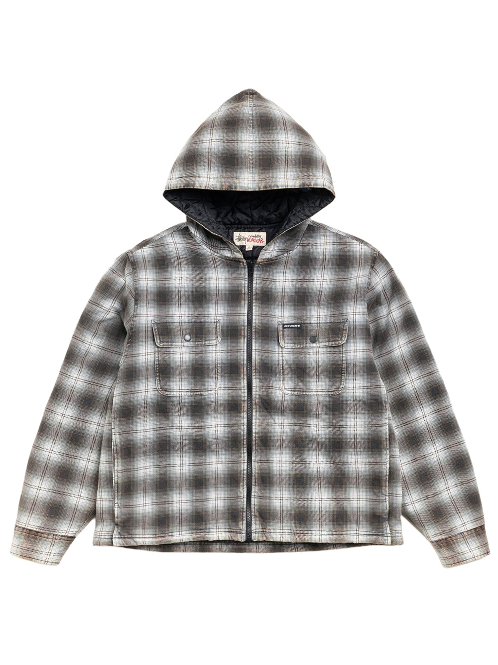 STUSSY-ZIP HOODED PLAID SHIRT-1110381 0002 CHARCOAL